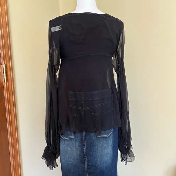 Miss Sixty 100% Silk Black Empire Waist Gold Buckle Puffy Sleeve Blouse NWT - Picture 4 of 14